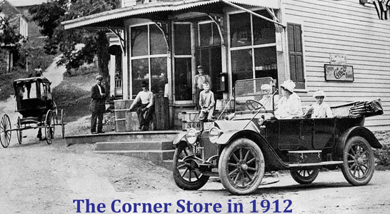 1912 photo of a car in front of the corner store in waterford va