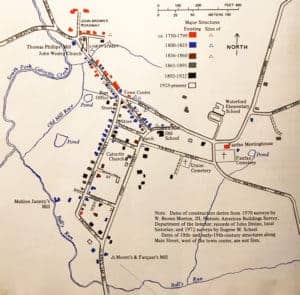 A map showing the dates Waterford Virginia's 107 houses and buildings were constructed